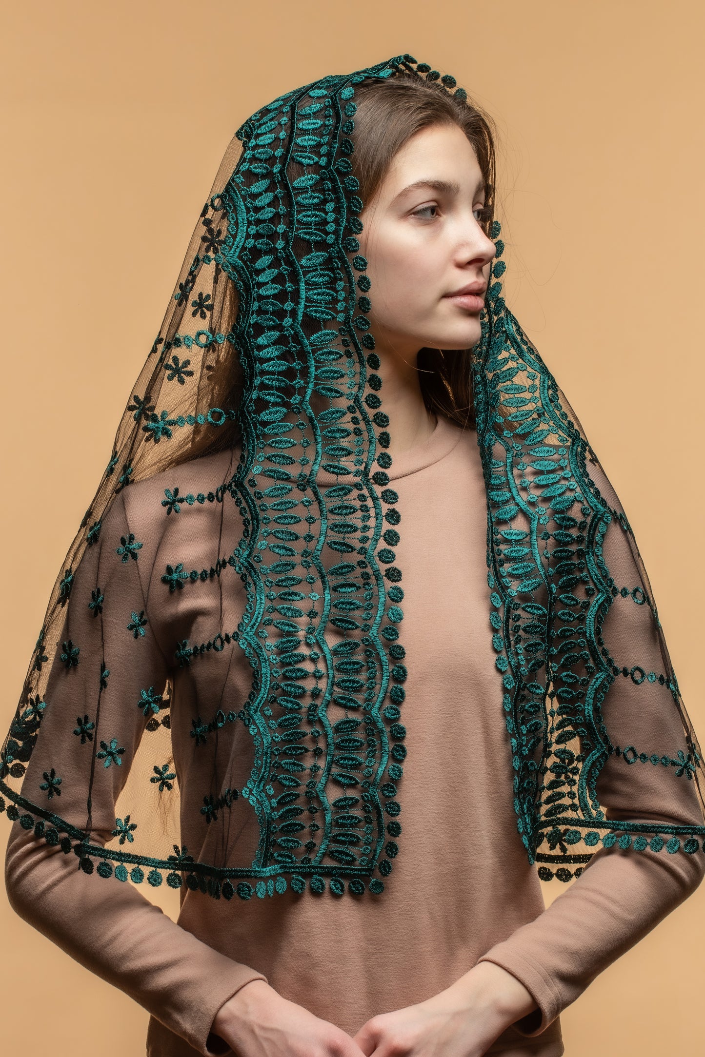 Long emerald green chapel veil - MariaVeils