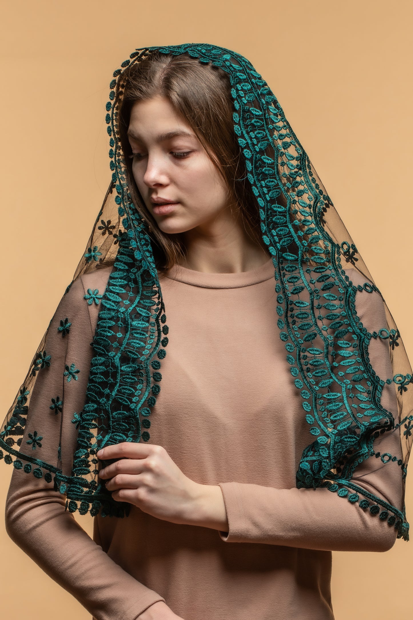 Long emerald green chapel veil - MariaVeils