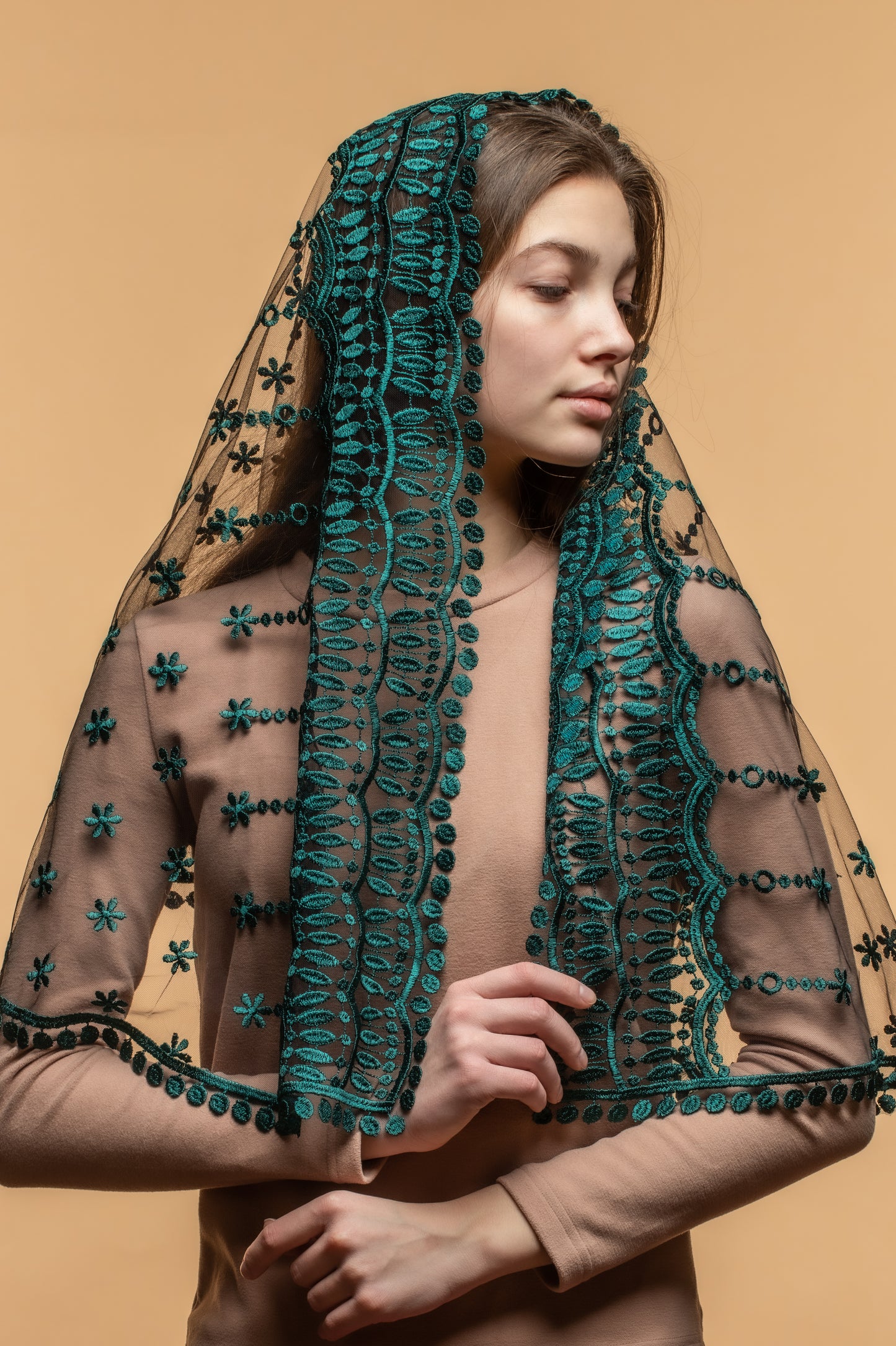 Long emerald green chapel veil - MariaVeils