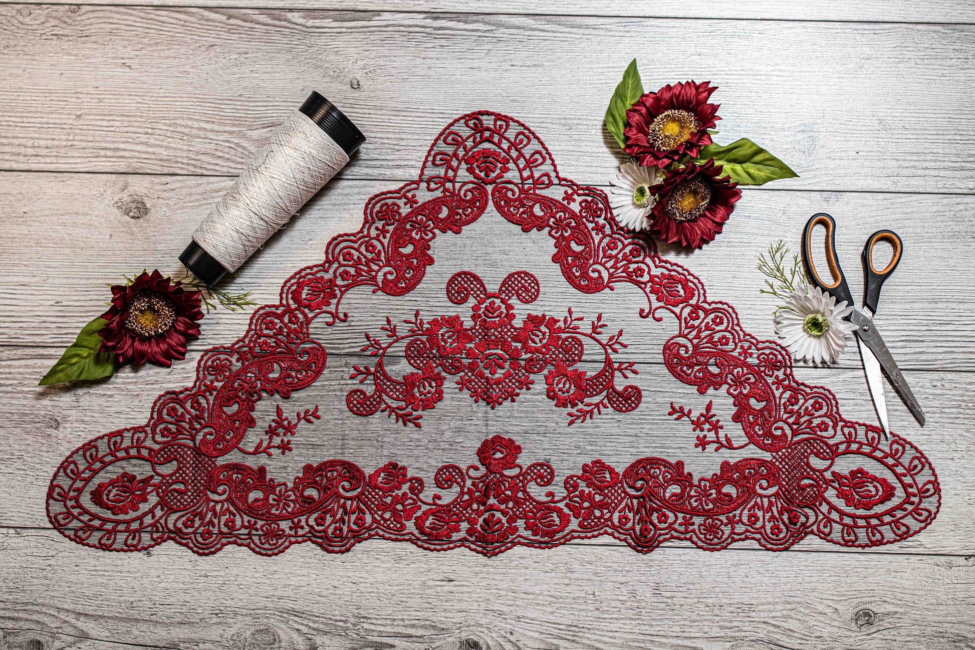Triangle chapel veil with floral design, red chapel veil, Catholic head covering 017 - Maria Veils